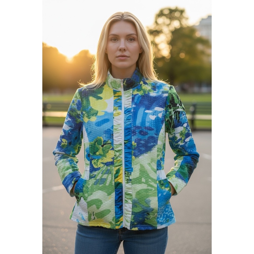 Toni Morgan Abstract Floral Print Zip Up Jacket Women's Size M